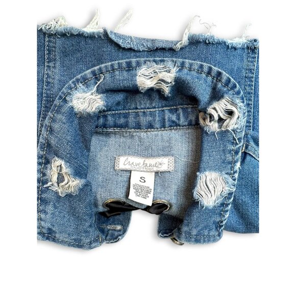 Crave Fame Denim Crop Jacket Distressed Hem Lace-Up Back Size Small - Picture 8 of 14